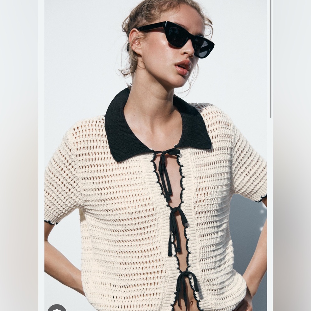 ZARA Chic Crochet Top with Black Collar NWT SIZE L